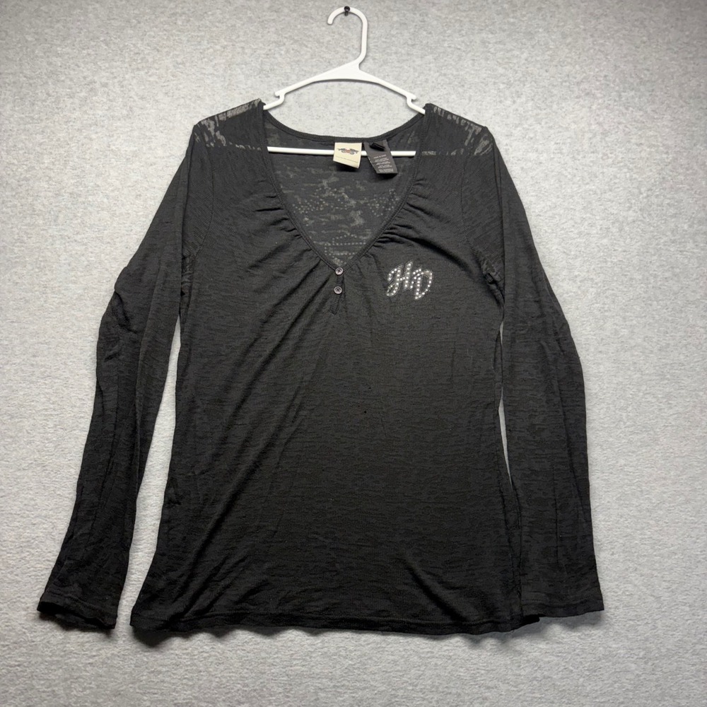 Harley-Davidson Womens‎ Black Burnout Rhinestone Winged Logo Top Large Biker L/S